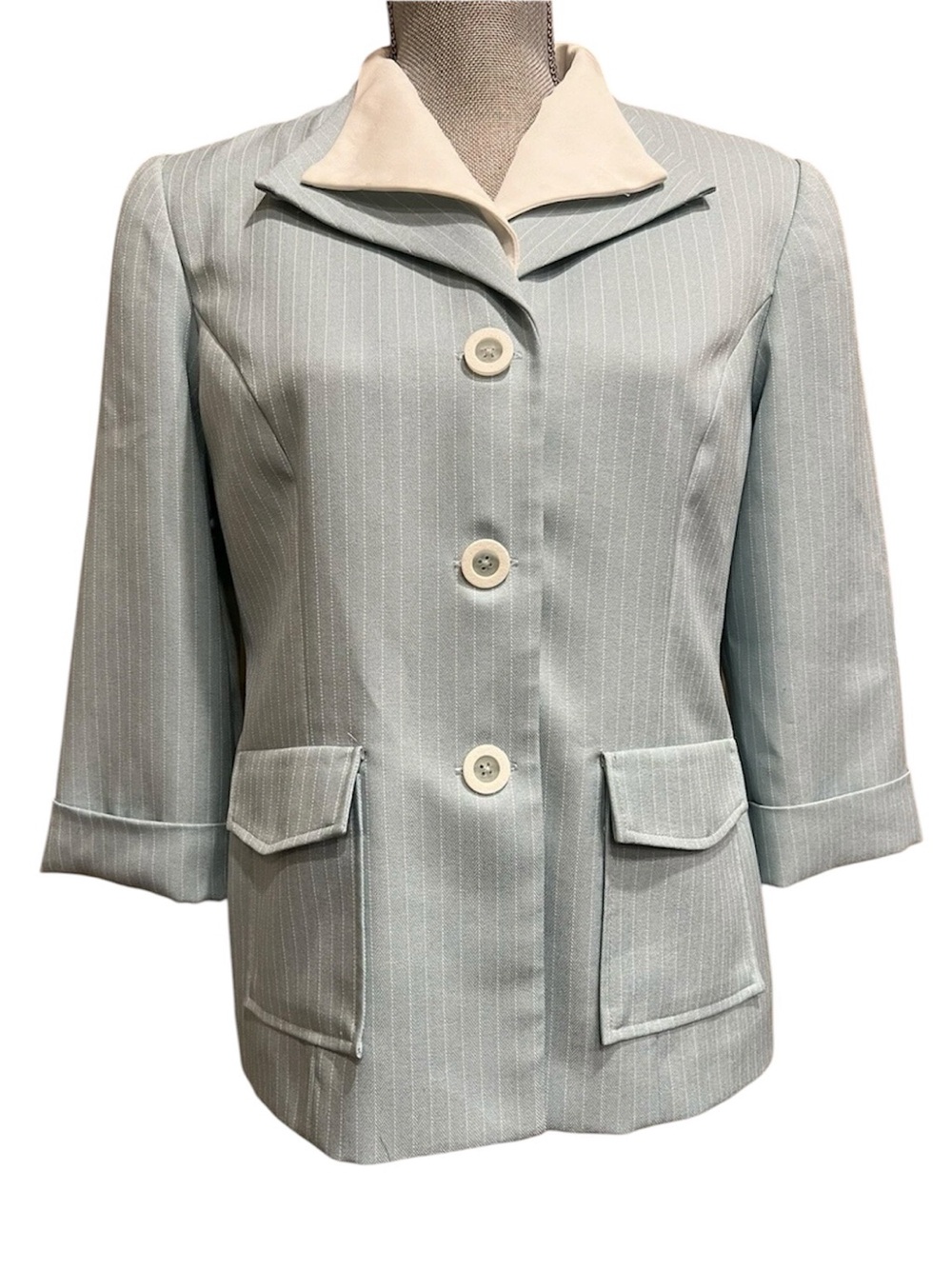 R&K Originals Petite 10P Jacket Baby Blue Pastel Pinstripe Striped